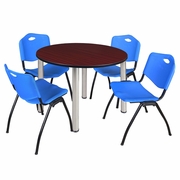 48 IN ROUND BREAKROOM TABLE- MAHOGANY TOP, CHROME LEGS, 4 M STACK CHAIRS- BLUE <FONT COLOR=GREEN>-FREE SHIPPING-</FONT>