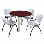 48 IN ROUND BREAKROOM TABLE- MAHOGANY TOP, CHROME LEGS, 4 M STACK CHAIRS- GREY <FONT COLOR=GREEN>-FREE SHIPPING-</FONT>