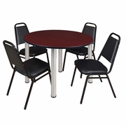 48 IN ROUND BREAKROOM TABLE- MAHOGANY TOP, CHROME LEGS, 4 RESTAURANT STACK CHAIRS <FONT COLOR=GREEN>-FREE SHIPPING-</FONT>