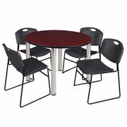 48 IN ROUND BREAKROOM TABLE- MAHOGANY TOP, CHROME LEGS, 4 STACK CHAIRS- BLACK <FONT COLOR=GREEN>-FREE SHIPPING-</FONT>