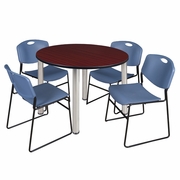 48 IN ROUND BREAKROOM TABLE- MAHOGANY TOP, CHROME LEGS, 4 STACK CHAIRS- BLUE <FONT COLOR=GREEN>-FREE SHIPPING-</FONT>