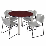 48 IN ROUND BREAKROOM TABLE- MAHOGANY TOP, CHROME LEGS, 4 STACK CHAIRS- GREY <FONT COLOR=GREEN>-FREE SHIPPING-</FONT>