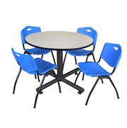 48 IN. ROUND BREAKROOM TABLE- MAPLE, 4 M STACK CHAIRS- BLUE <FONT COLOR=GREEN>-FREE SHIPPING-</FONT>