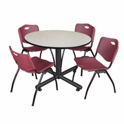 48 IN. ROUND BREAKROOM TABLE- MAPLE, 4 M STACK CHAIRS- BURGUNDY <FONT COLOR=GREEN>-FREE SHIPPING-</FONT>