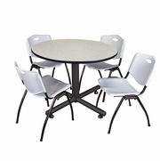 48 IN. ROUND BREAKROOM TABLE- MAPLE, 4 M STACK CHAIRS- GREY <FONT COLOR=GREEN>-FREE SHIPPING-</FONT>
