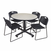 48 IN. ROUND BREAKROOM TABLE- MAPLE, 4 STACK CHAIRS- BLACK <FONT COLOR=GREEN>-FREE SHIPPING-</FONT>