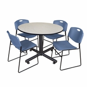 48 IN. ROUND BREAKROOM TABLE- MAPLE, 4 STACK CHAIRS- BLUE <FONT COLOR=GREEN>-FREE SHIPPING-</FONT>