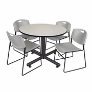 48 IN. ROUND BREAKROOM TABLE- MAPLE, 4 STACK CHAIRS- GREY <FONT COLOR=GREEN>-FREE SHIPPING-</FONT>