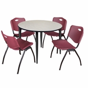48 IN. ROUND BREAKROOM TABLE- MAPLE TOP, BLACK BASE & 4 M STACK CHAIRS- BURGUNDY <FONT COLOR=GREEN>-FREE SHIPPING-</FONT>