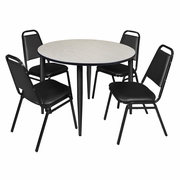 48 IN. ROUND BREAKROOM TABLE- MAPLE TOP, BLACK BASE & 4 RESTAURANT STACK CHAIRS- BLACK <FONT COLOR=GREEN>-FREE SHIPPING-</FONT>