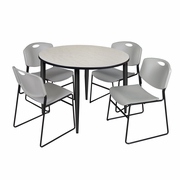 48 IN. ROUND BREAKROOM TABLE- MAPLE TOP, BLACK BASE & 4 STACK CHAIRS- GREY <FONT COLOR=GREEN>-FREE SHIPPING-</FONT>