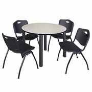 48 IN ROUND BREAKROOM TABLE- MAPLE TOP, BLACK LEGS, 4 M STACK CHAIRS- BLACK <FONT COLOR=GREEN>-FREE SHIPPING-</FONT>