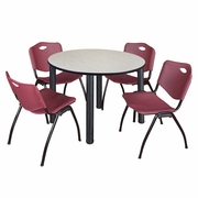 48 IN ROUND BREAKROOM TABLE- MAPLE TOP, BLACK LEGS, 4 M STACK CHAIRS- BURGUNDY <FONT COLOR=GREEN>-FREE SHIPPING-</FONT>