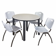 48 IN ROUND BREAKROOM TABLE- MAPLE TOP, BLACK LEGS, 4 M STACK CHAIRS- GREY <FONT COLOR=GREEN>-FREE SHIPPING-</FONT>