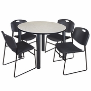 48 IN ROUND BREAKROOM TABLE- MAPLE TOP, BLACK LEGS, 4 STACK CHAIRS- BLACK <FONT COLOR=GREEN>-FREE SHIPPING-</FONT>
