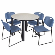48 IN ROUND BREAKROOM TABLE- MAPLE TOP, BLACK LEGS, 4 STACK CHAIRS- BLUE <FONT COLOR=GREEN>-FREE SHIPPING-</FONT>