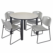 48 IN ROUND BREAKROOM TABLE- MAPLE TOP, BLACK LEGS, 4 STACK CHAIRS- GREY <FONT COLOR=GREEN>-FREE SHIPPING-</FONT>