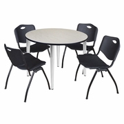 48 IN. ROUND BREAKROOM TABLE- MAPLE TOP, CHROME BASE & 4 M STACK CHAIRS- BLACK <FONT COLOR=GREEN>-FREE SHIPPING-</FONT>