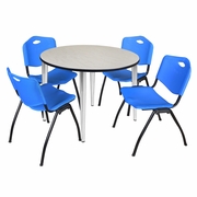 48 IN. ROUND BREAKROOM TABLE- MAPLE TOP, CHROME BASE & 4 M STACK CHAIRS- BLUE <FONT COLOR=GREEN>-FREE SHIPPING-</FONT>