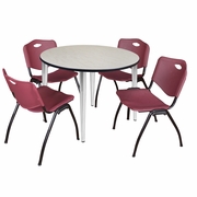 48 IN. ROUND BREAKROOM TABLE- MAPLE TOP, CHROME BASE & 4 M STACK CHAIRS- BURGUNDY <FONT COLOR=GREEN>-FREE SHIPPING-</FONT>