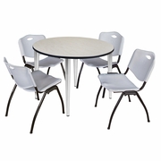 48 IN. ROUND BREAKROOM TABLE- MAPLE TOP, CHROME BASE & 4 M STACK CHAIRS- GREY <FONT COLOR=GREEN>-FREE SHIPPING-</FONT>