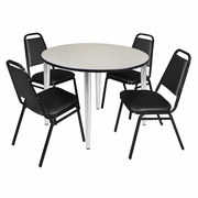 48 IN. ROUND BREAKROOM TABLE- MAPLE TOP, CHROME BASE & 4 RESTAURANT STACK CHAIRS- BLACK <FONT COLOR=GREEN>-FREE SHIPPING-</FONT>