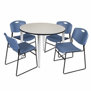 48 IN. ROUND BREAKROOM TABLE- MAPLE TOP, CHROME BASE & 4 STACK CHAIRS- BLUE <FONT COLOR=GREEN>-FREE SHIPPING-</FONT>