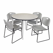 48 IN. ROUND BREAKROOM TABLE- MAPLE TOP, CHROME BASE & 4 STACK CHAIRS- GREY <FONT COLOR=GREEN>-FREE SHIPPING-</FONT>