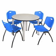 48 IN ROUND BREAKROOM TABLE- MAPLE TOP, CHROME LEGS, 4 M STACK CHAIRS- BLUE <FONT COLOR=GREEN>-FREE SHIPPING-</FONT>