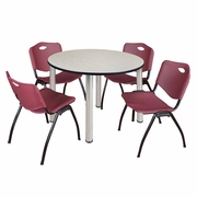48 IN ROUND BREAKROOM TABLE- MAPLE TOP, CHROME LEGS, 4 M STACK CHAIRS- BURGUNDY <FONT COLOR=GREEN>-FREE SHIPPING-</FONT>