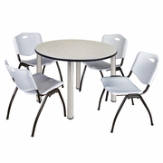 48 IN ROUND BREAKROOM TABLE- MAPLE TOP, CHROME LEGS, 4 M STACK CHAIRS- GREY <FONT COLOR=GREEN>-FREE SHIPPING-</FONT>