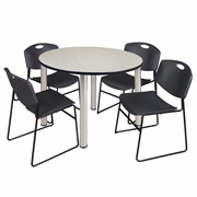48 IN ROUND BREAKROOM TABLE- MAPLE TOP, CHROME LEGS, 4 STACK CHAIRS- BLACK <FONT COLOR=GREEN>-FREE SHIPPING-</FONT>