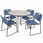 48 IN ROUND BREAKROOM TABLE- MAPLE TOP, CHROME LEGS, 4 STACK CHAIRS- BLUE <FONT COLOR=GREEN>-FREE SHIPPING-</FONT>