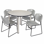 48 IN ROUND BREAKROOM TABLE- MAPLE TOP, CHROME LEGS, 4 STACK CHAIRS- GREY <FONT COLOR=GREEN>-FREE SHIPPING-</FONT>