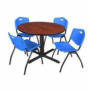 48 IN. ROUND X-BASE BREAKROOM TABLE- CHERRY & 4 M STACK CHAIRS- BLUE <FONT COLOR=GREEN>-FREE SHIPPING-</FONT>