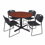 48 IN. ROUND X-BASE BREAKROOM TABLE- CHERRY & 4 STACK CHAIRS- BLACK <FONT COLOR=GREEN>-FREE SHIPPING-</FONT>