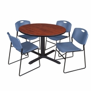 48 IN. ROUND X-BASE BREAKROOM TABLE- CHERRY & 4 STACK CHAIRS- BLUE <FONT COLOR=GREEN>-FREE SHIPPING-</FONT>
