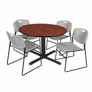 48 IN. ROUND X-BASE BREAKROOM TABLE- CHERRY & 4 STACK CHAIRS- GREY <FONT COLOR=GREEN>-FREE SHIPPING-</FONT>