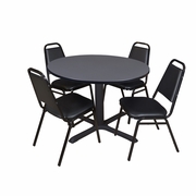 48 IN. ROUND X-BASE BREAKROOM TABLE- GREY & 4 RESTAURANT STACK CHAIRS- BLACK <FONT COLOR=GREEN>-FREE SHIPPING-</FONT>