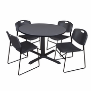 48 IN. ROUND X-BASE BREAKROOM TABLE- GREY & 4 STACK CHAIRS- BLACK <FONT COLOR=GREEN>-FREE SHIPPING-</FONT>