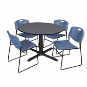 48 IN. ROUND X-BASE BREAKROOM TABLE- GREY & 4 STACK CHAIRS- BLUE <FONT COLOR=GREEN>-FREE SHIPPING-</FONT>