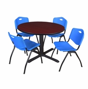 48 IN. ROUND X-BASE BREAKROOM TABLE- MAHOGANY & 4 M STACK CHAIRS- BLUE <FONT COLOR=GREEN>-FREE SHIPPING-</FONT>