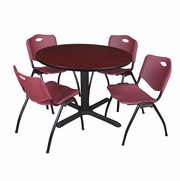48 IN. ROUND X-BASE BREAKROOM TABLE- MAHOGANY & 4 M STACK CHAIRS- BURGUNDY <FONT COLOR=GREEN>-FREE SHIPPING-</FONT>