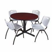 48 IN. ROUND X-BASE BREAKROOM TABLE- MAHOGANY & 4 M STACK CHAIRS- GREY <FONT COLOR=GREEN>-FREE SHIPPING-</FONT>