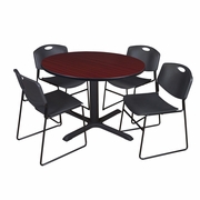 48 IN. ROUND X-BASE BREAKROOM TABLE- MAHOGANY & 4 STACK CHAIRS- BLACK <FONT COLOR=GREEN>-FREE SHIPPING-</FONT>