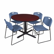 48 IN. ROUND X-BASE BREAKROOM TABLE- MAHOGANY & 4 STACK CHAIRS- BLUE <FONT COLOR=GREEN>-FREE SHIPPING-</FONT>