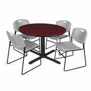 48 IN. ROUND X-BASE BREAKROOM TABLE- MAHOGANY & 4 STACK CHAIRS- GREY <FONT COLOR=GREEN>-FREE SHIPPING-</FONT>