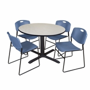 48 IN. ROUND X-BASE BREAKROOM TABLE- MAPLE & 4 STACK CHAIRS- BLUE <FONT COLOR=GREEN>-FREE SHIPPING-</FONT>