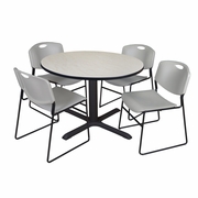 48 IN. ROUND X-BASE BREAKROOM TABLE- MAPLE & 4 STACK CHAIRS- GREY <FONT COLOR=GREEN>-FREE SHIPPING-</FONT>