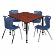 48 IN. SQUARE ADJUSTABLE CLASSROOM TABLE- CHERRY & 4 ANDY 18 IN. STACK CHAIRS- BLUE <FONT COLOR=GREEN>-FREE SHIPPING-</FONT>